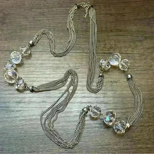Vintage Silver Tone 6 Strand Large Crystal Beads Long Statement Necklace